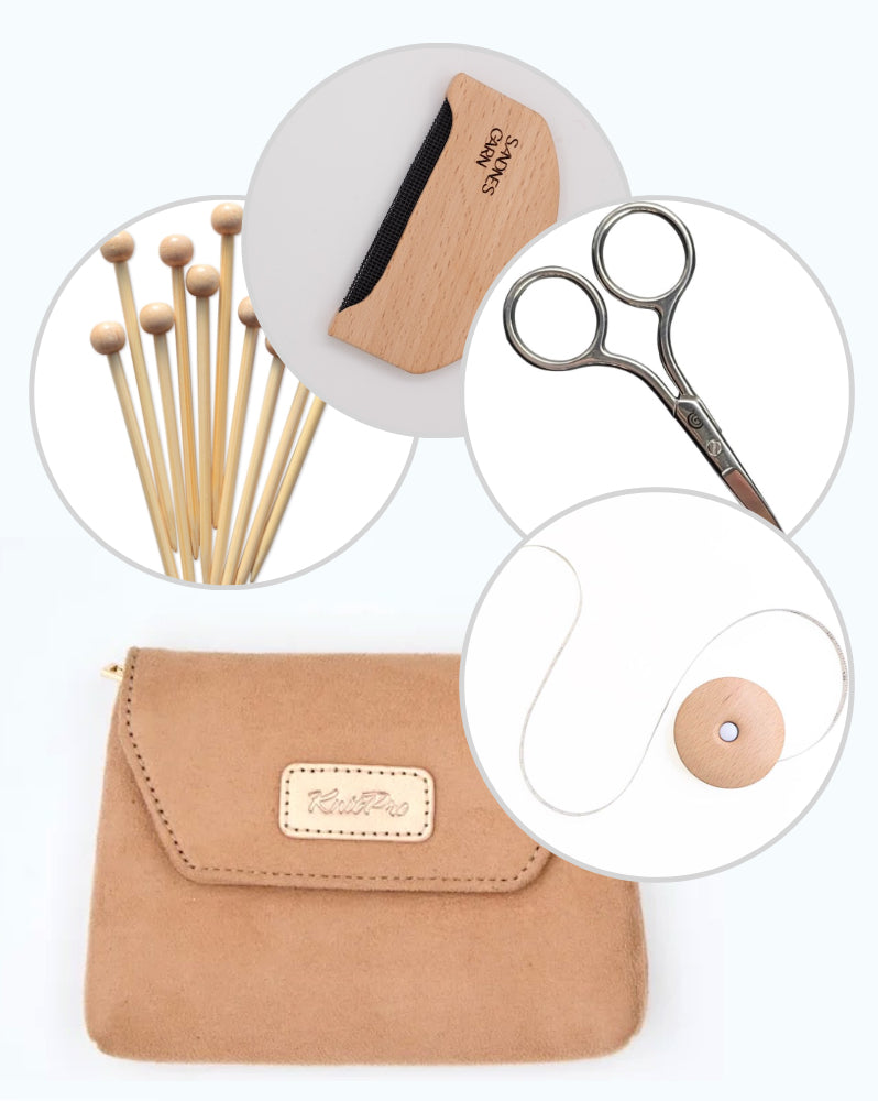 Zubehör Set natural mit Maschenmarkierern, Woll-Kamm, Schere und Rollmaßband 1