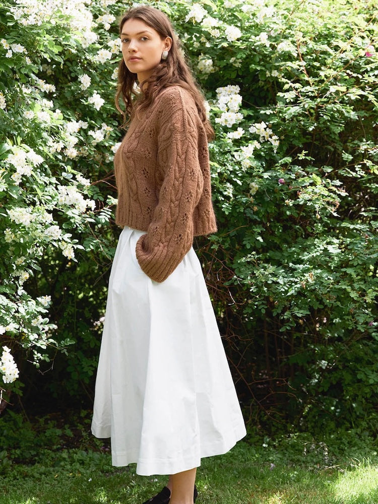 Junia Sweater | romantic cable-knit pattern made with Peer Gynt and Tynn Silk Mohair by Sandnes Garn