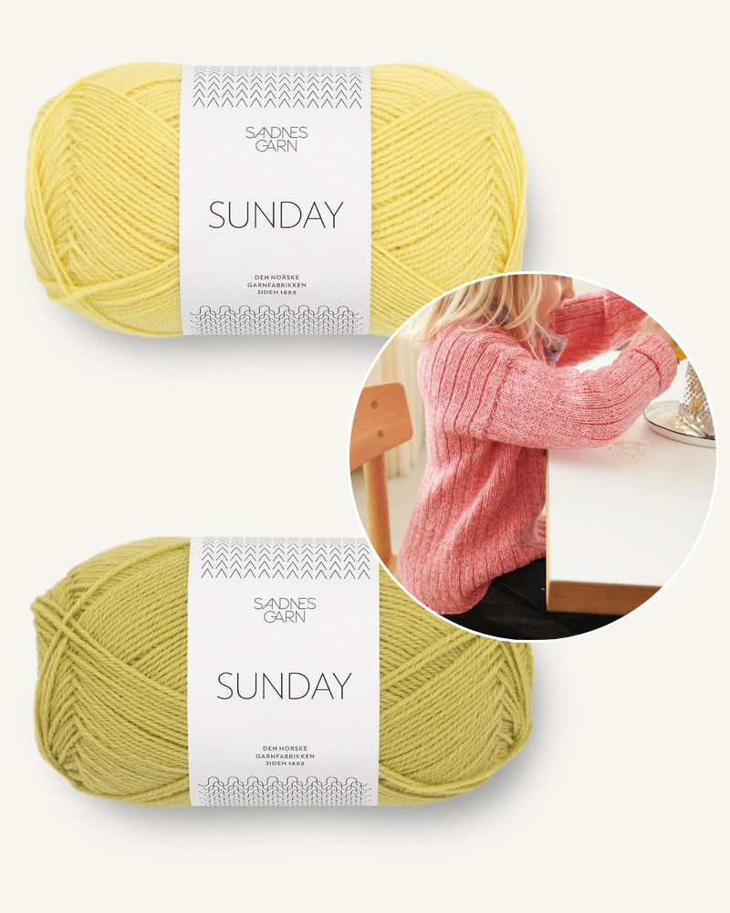 Garnpaket für den Finnick Sweater gestrickt mit Sandnes Sunday in gelb