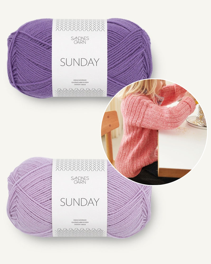 Garnpaket für den Finnick Sweater gestrickt mit Sandnes Sunday in lila