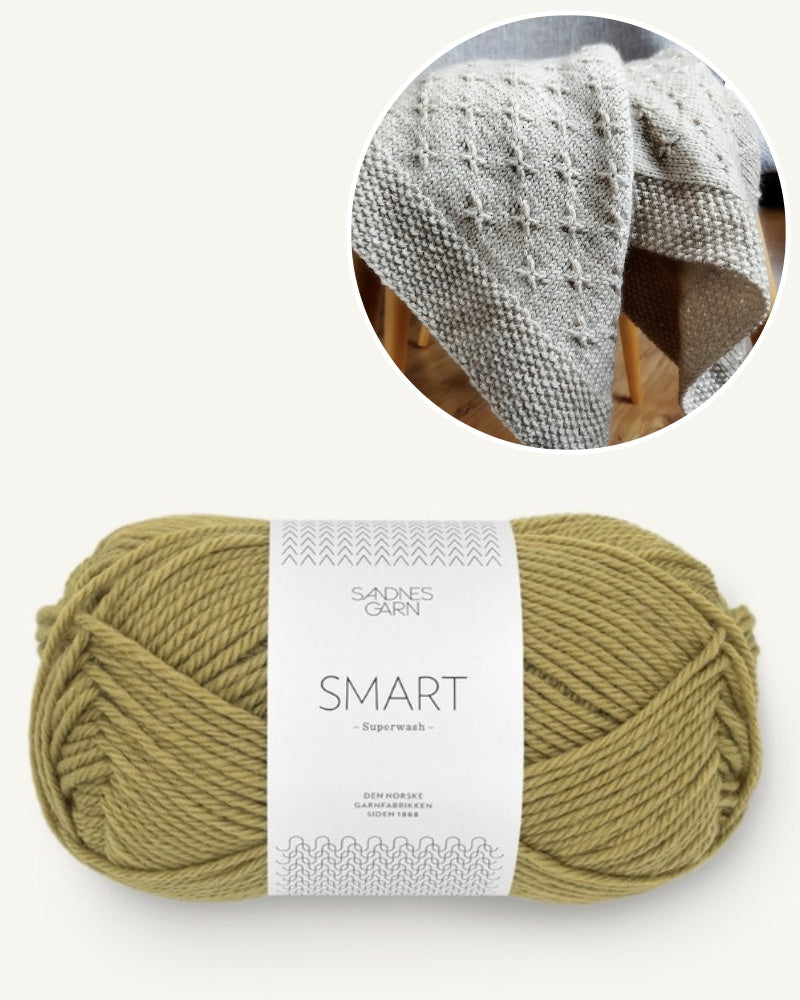 Garnpaket für die Decke Lisbeth gestickt mit Sandnes Smart in moosgrün