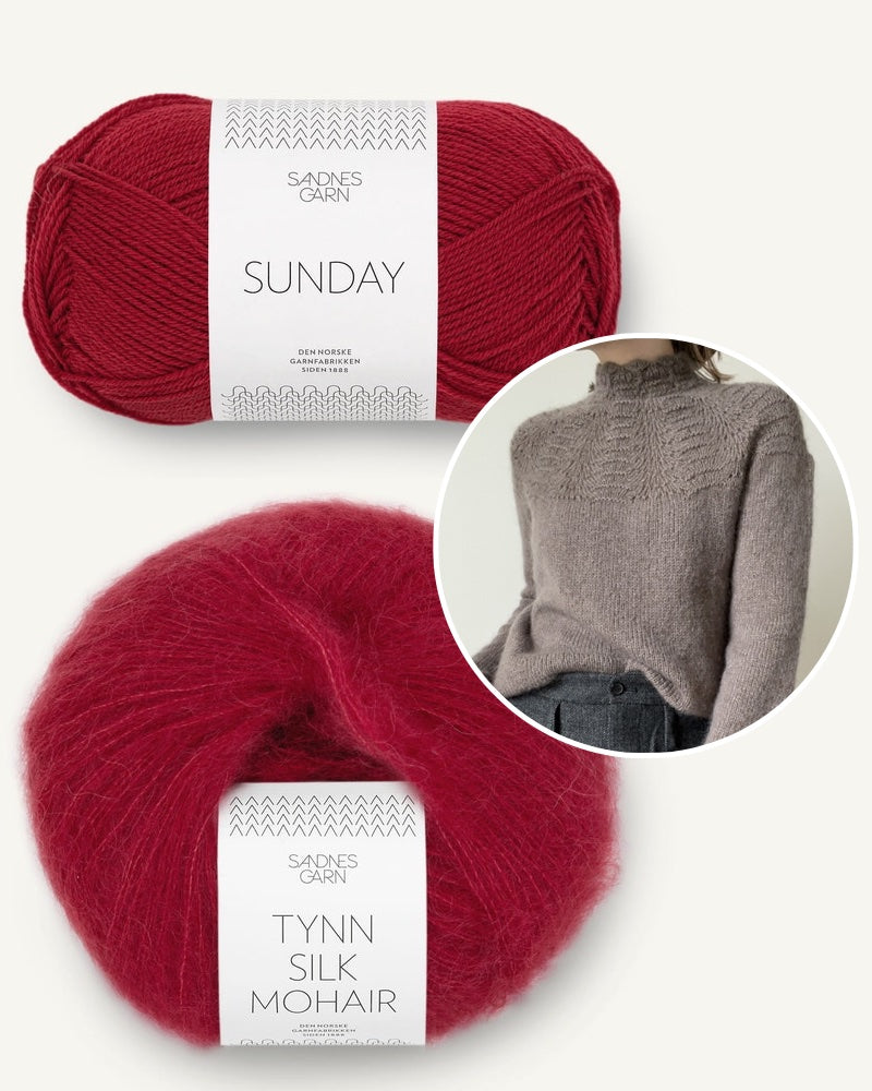 LeKnit Peacock Sweater mit Sunday und Tynn Silk Mohair von Sandnes Garn dunkelrot