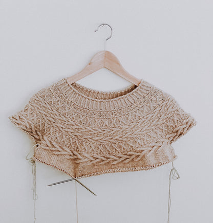 Oksa Sweater | decorative cable pattern in the yoke made from Far by Woolfolk