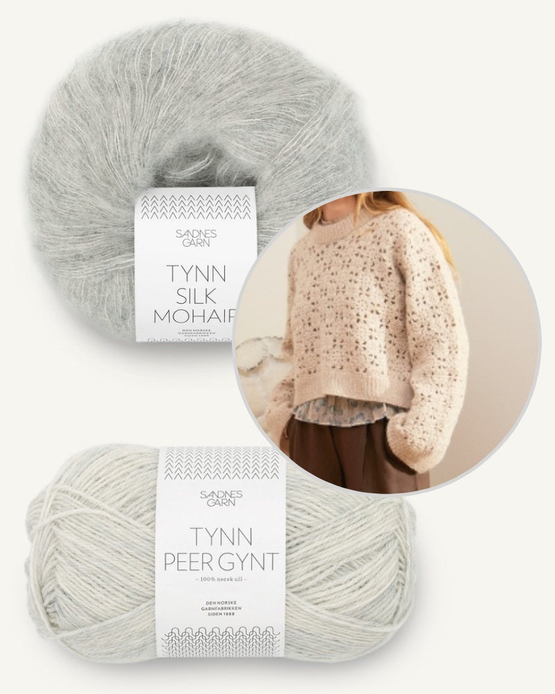Fleur Sweater aus der Sandnes Kollektion 2403 mit Tynn Peer Gynt und Tynn Silk Mohair hellgrau meliert