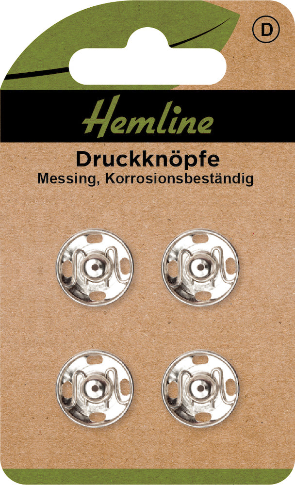 Hemline, Druckknöpfe aus Metall zum Annähen, 4 Stück, 15mm Durchmesser, silber