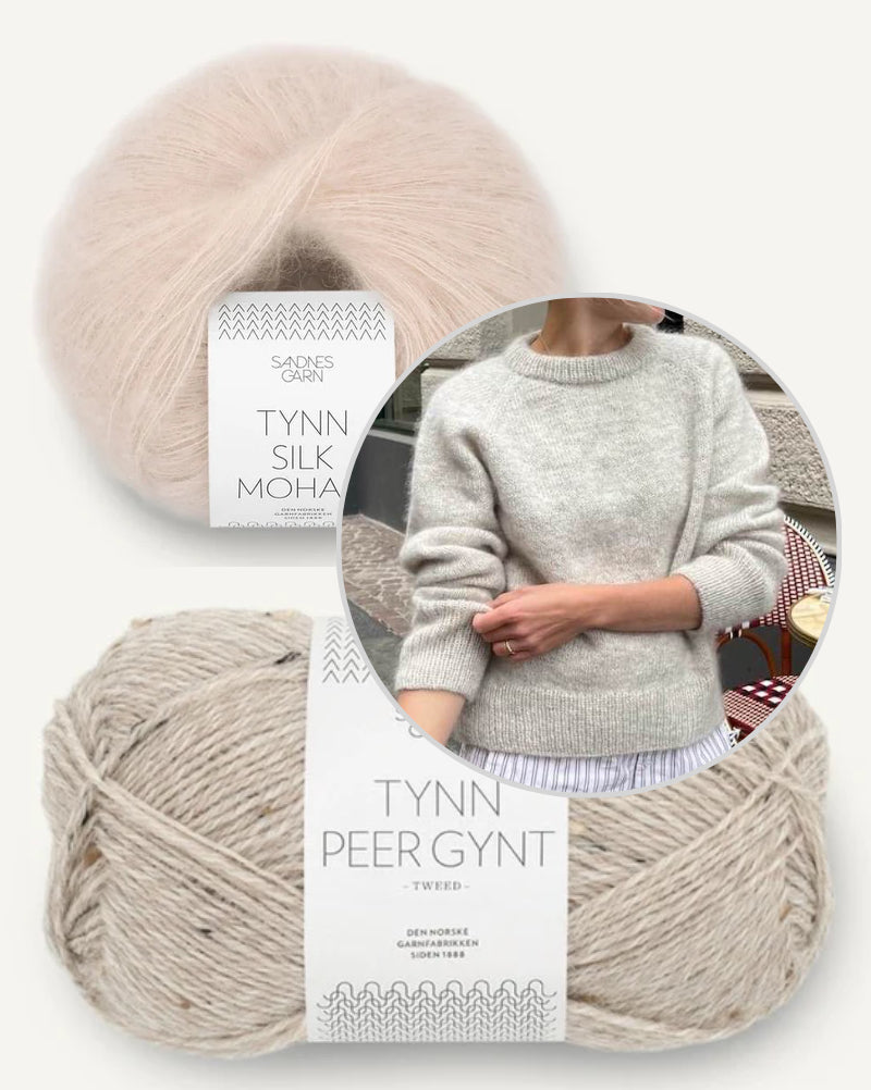 Petiteknit, Monday Sweater mit Tynn Peer Gynt und Tynn Silk Mohair von Sandnes Garn graubeige tweed