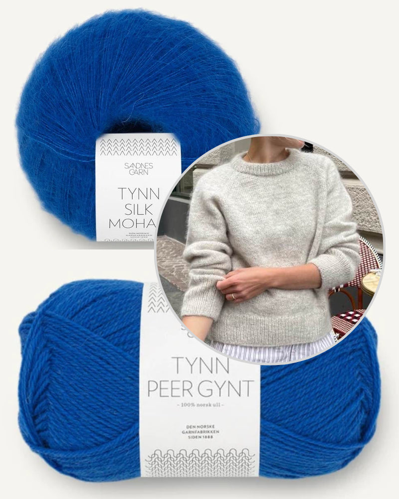 Petiteknit, Monday Sweater mit Tynn Peer Gynt und Tynn Silk Mohair von Sandnes Garn jolly blue