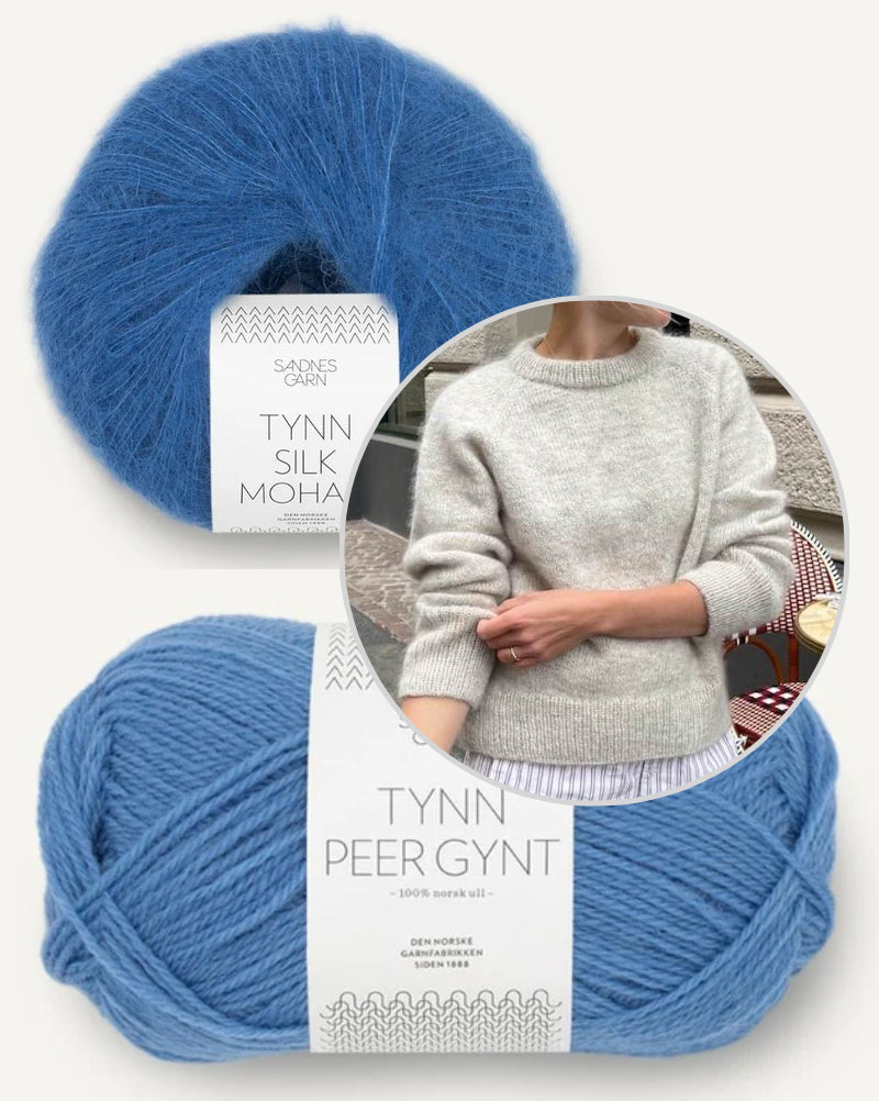 Petiteknit, Monday Sweater mit Tynn Peer Gynt und Tynn Silk Mohair von Sandnes Garn regatta blue