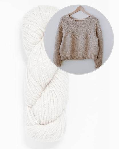 Oksa Sweater | decorative cable pattern in the yoke made from Far by Woolfolk