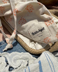 PetiteKnit, Knitters String Bag, apricot flower, Detail Aufdruck