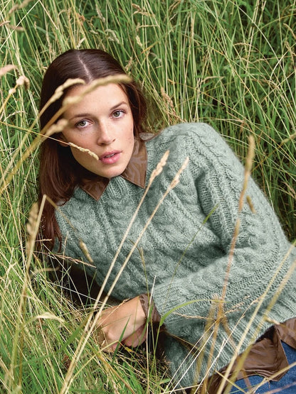 Alba Sweater | fluffy soft cable pattern made from Kos and Tynn Silk Mohair by Sandnes Garn