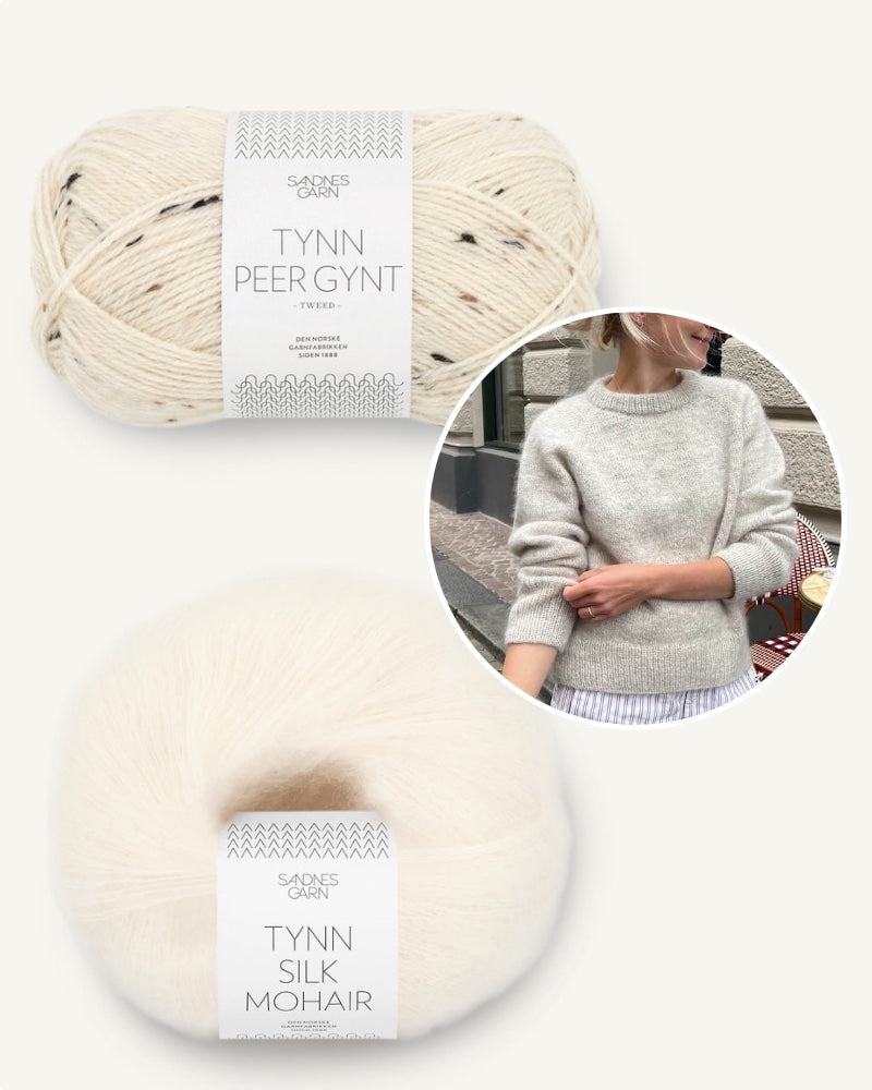 Petiteknit, Monday Sweater mit Tynn Peer Gynt und Tynn Silk Mohair von Sandnes Garn nature tweed