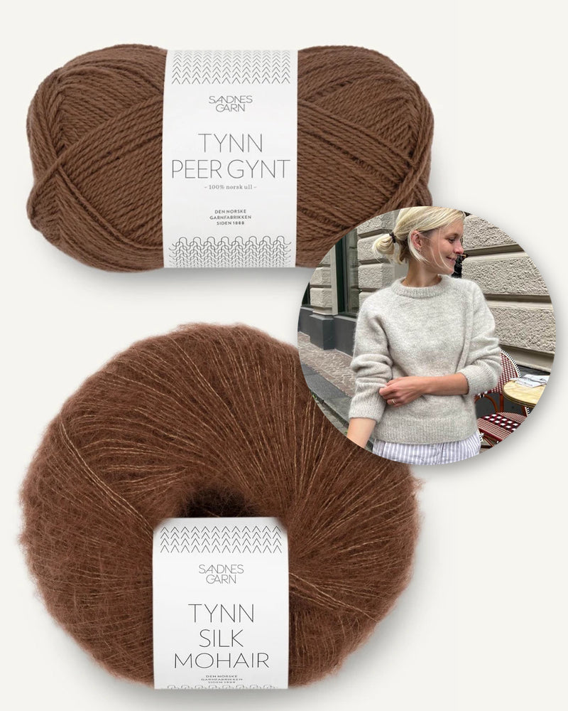 Petiteknit, Monday Sweater mit Tynn Peer Gynt und Tynn Silk Mohair von Sandnes Garn schoklolade